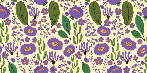 Purple Flowers Seamless Pattern with Green Leaves. Doodle whimsical floral design on light yellow background with playful botanical elements. Feminine repeatable background perfect for fashion