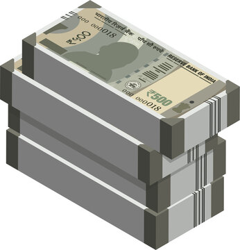 Isometric stack of ₹500 Indian rupee banknotes, gray INR currency bundle with Reserve Bank of India note design, flat illustration on solid background, perfect for finance, banking