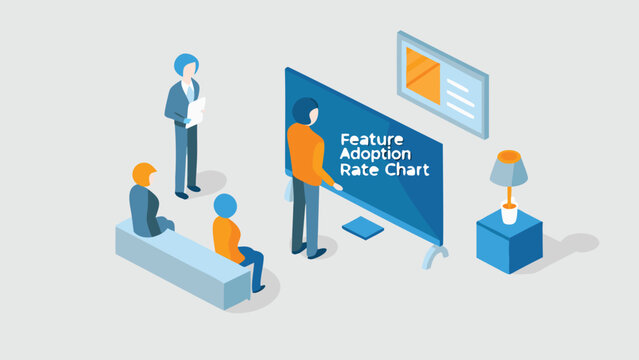 Presentation of feature adoption rate chart to an audience in isometric style illustration