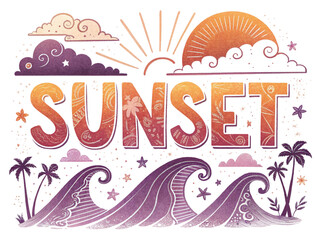 Tropical sunset design with vibrant colors and dreamy ocean waves illustration