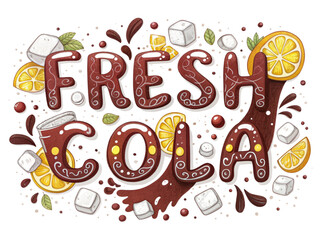 Refreshing fresh cola lettering design with lemon and ice cubes illustration