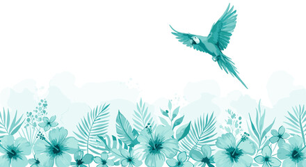 Tropical paradise illustration featuring a turquoise parrot in flight above lush floral arrangements and palm leaves