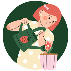 Cute little girl watering a potted flower with a watering can. Spring gardening activity for kids, home plant care, fun nature hobby. 
