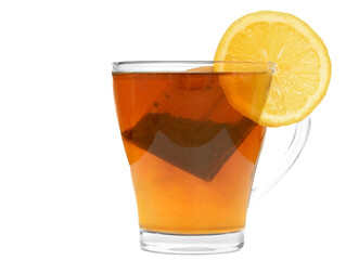 Dried tea in a bag, poured with boiling water, with lemon