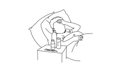Minimalist Line Drawing of a Sick Person Resting in Bed with Medication