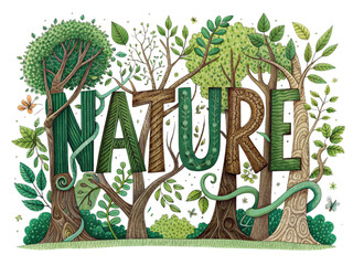 Lush nature word art with entwined trees, leaves, and vines illustration