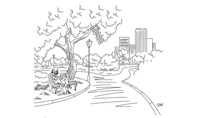 Person Sitting on a Bench in a Park with City Skyline in the Background