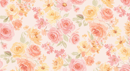 Delicate floral pattern with watercolor roses and blossoms in soft peach, yellow, and pink hues for elegant designs