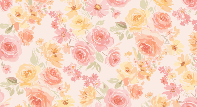 Delicate floral pattern with watercolor roses and blossoms in soft peach, yellow, and pink hues for elegant designs