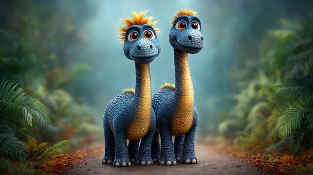 Two cheerful Diplodocus dinosaurs walk through a glowing jungle path alongside an Apatosaurus as a curious Ceratosaurus peeks through the foliage in a child-friendly illustration.