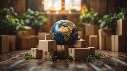 Eco-friendly moving scene with a globe on cardboard boxes with plants in a rustic room, sustainability