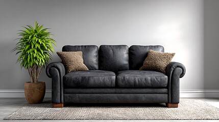 Realistic rendering of a clean modern space with a matte black sofa and a solid white empty wall, minimalistic and clutter-free.