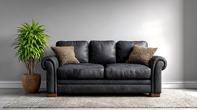 Realistic rendering of a clean modern space with a matte black sofa and a solid white empty wall, minimalistic and clutter-free.