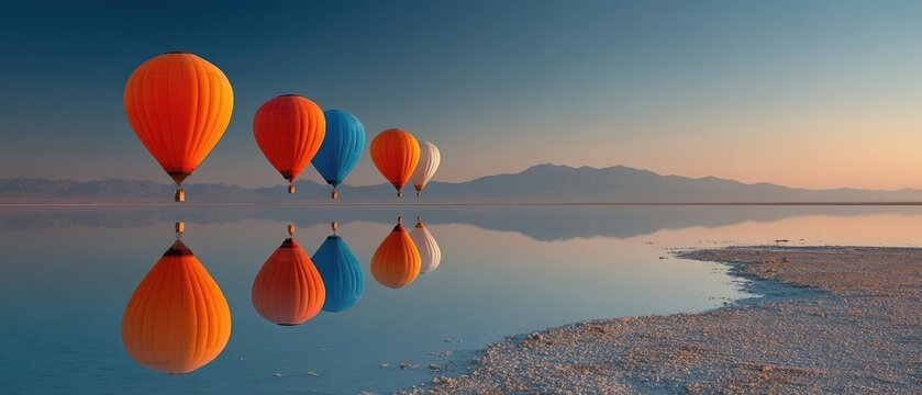 Colorful hot air balloons over a calm lake, mirrored perfectly - Powered by Adobe