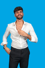 Elegant businessman gesturing on blue background