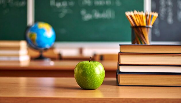 Classroom desk with apple and books
