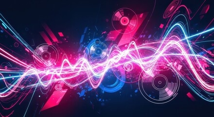 Abstract digital artwork featuring vibrant neon light sound waves and vinyl records.