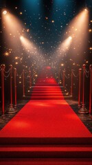 Red carpet stairs illuminated by sparkling lights in a glamorous venue during an evening event