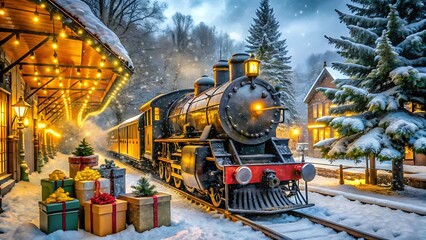 Vintage steam locomotive at a decorated train station on a snowy christmas night, with glowing lights and gifts on the platform