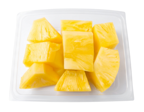 Fisheye view of diced pineapple in vacuum sealed plastic package with barcode Isolated on Transparent or White Background