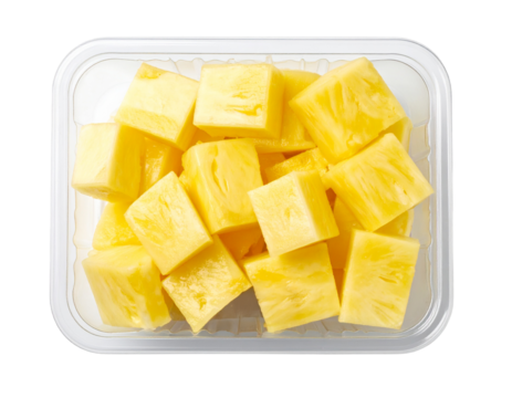 Fisheye view of diced pineapple in vacuum sealed plastic package with barcode Isolated on Transparent or White Background
