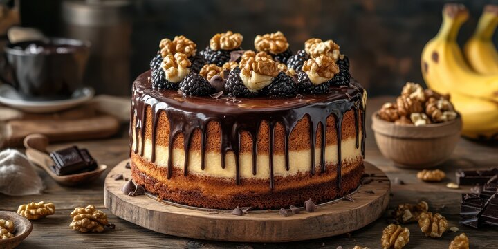 Delicious chocolate walnut cake with fresh blackberries and banana on rustic wooden table