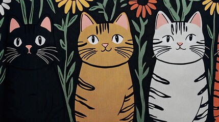 Obraz premium A vibrant illustration featuring three stylized cats amidst colorful flowers, Perfect for products, pet-related content, or decor that emphasizes a fun and playful aesthetic,