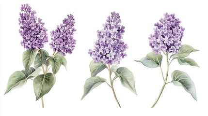 Watercolor painting of four lilac blossoms, isolated on white background.