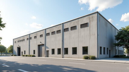 Obraz premium White industrial warehouse building with loading dock on asphalt farm complex
