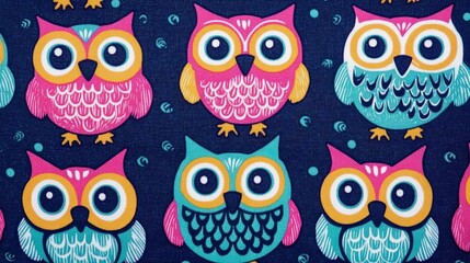 Fototapeta premium Colorful owl patterns adorn a dark background, featuring quirky designs that are perfect for children's decor, fabric projects, or playful branding, Ideal for crafts, textiles, and playful designs,