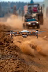 Drone flying over off-road car race in desert