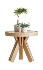 wooden round table with plants on white background.