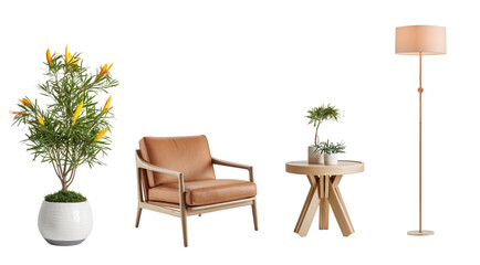 interior scene with armchair, table, lamp, and plant on white background.