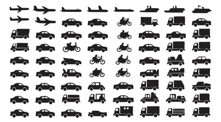 Fototapeta premium Transportation Vehicle flat icon set collection. Containing walk, bicycle, motorcycle, motorbike, train, car, truck, aeroplane, plane, bus, ship, sailboat, aircraft illustration on white background.