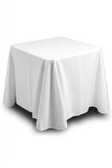 A clean white tablecloth drapes over a square table, creating an elegant and fresh look suitable for various settings, Ideal for events, dining occasions, or home decor styling,