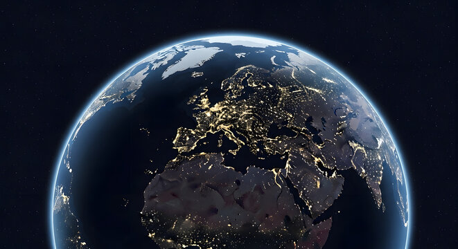 Planet Earth at Night with Glowing City Lights in Dark Space