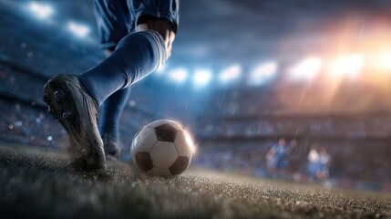 Soccer player in action during a rainy night .