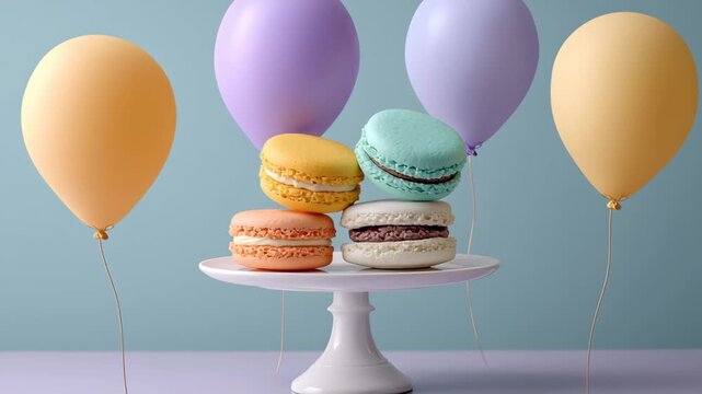 Colorful macarons displayed on a white cake stand surrounded by pastel balloons, creating a festive atmosphere perfect for celebrations and special occasions, showcasing delightful dessert presentatio