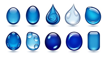 A vibrant set of pure blue water drops and shiny liquid droplets, perfect for an elegant nature-themed vector illustration