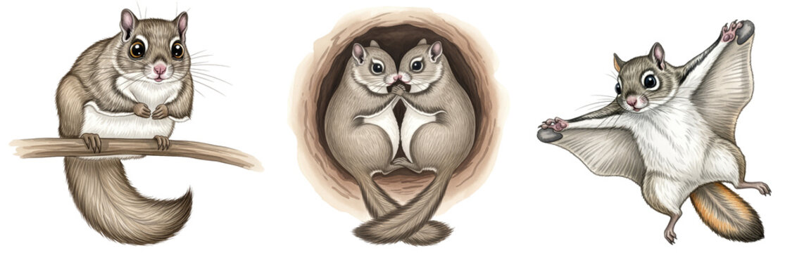 a set of watercolor flying squirrel (glaucomys volans) illustrations for forest animal art