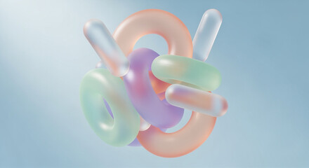 Abstract pastel torus and capsule shapes floating on blue background