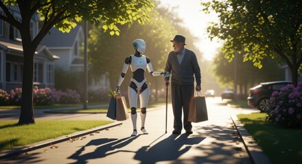 An elderly man walking with a robot assistant on a sunny street