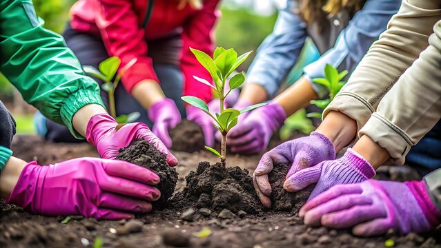 A diverse group of people wearing colorful gloves planting a young tree sapling into the soil, symbolizing teamwork and environmental care - Powered by Adobe