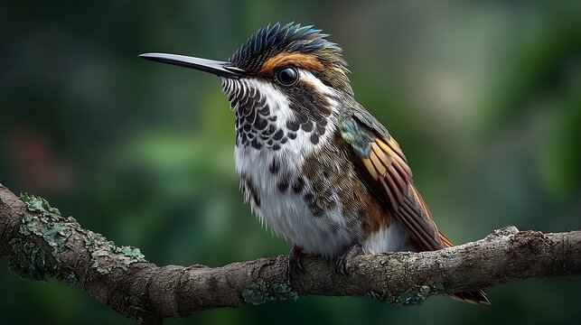 A vertical HD image capturing a speckled hummingbird on a tree branch, with a soft green background and a slight breeze ruffling its feathers. - Powered by Adobe