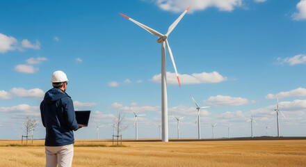 Field engineer with a laptop oversees multiple wind turbines in a rural landscape, ensuring efficient operation of clean renewable energy sources.
