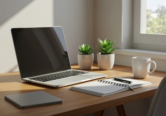 Laptop and plants on desk near window in bright sunlight scene