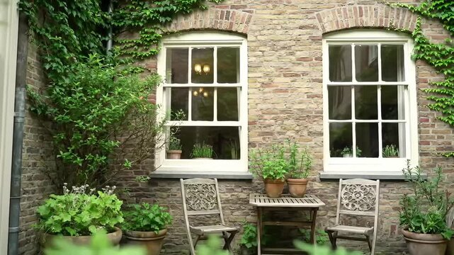 Quaint brick courtyard showcases rustic wooden table, chairs, and window views in summer