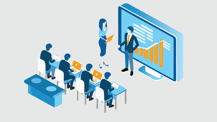 Isometric illustration of a business presentation with people and a large display screen