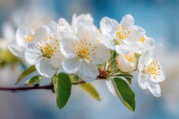 Fototapeta premium Delicate white blossoms on branch, spring sunlight