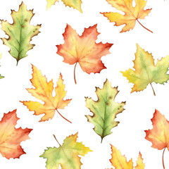 Botanical background of fall leaves Watercolor Seamless Pattern for Thanksgiving, Halloween, seasonal decor, fabric, packaging,scrapbooking.
